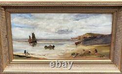 Tableau ancien signé. Scène Bord De Mer. Peinture huile sur panneau de bois