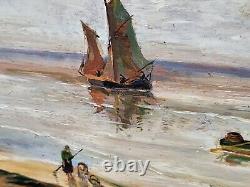 Tableau ancien signé. Scène Bord De Mer. Peinture huile sur panneau de bois