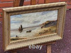 Tableau ancien signé. Scène Bord De Mer. Peinture huile sur panneau de bois