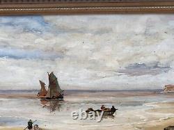 Tableau ancien signé. Scène Bord De Mer. Peinture huile sur panneau de bois