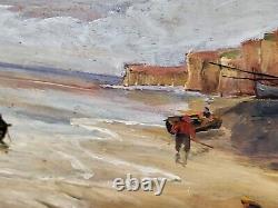 Tableau ancien signé. Scène Bord De Mer. Peinture huile sur panneau de bois