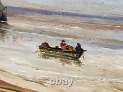 Tableau ancien signé. Scène Bord De Mer. Peinture huile sur panneau de bois