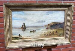 Tableau ancien signé. Scène Bord De Mer. Peinture huile sur panneau de bois