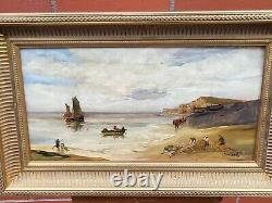 Tableau ancien signé. Scène Bord De Mer. Peinture huile sur panneau de bois