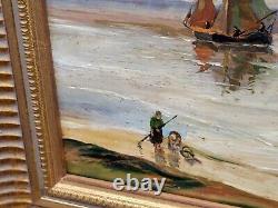 Tableau ancien signé. Scène Bord De Mer. Peinture huile sur panneau de bois