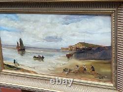 Tableau ancien signé. Scène Bord De Mer. Peinture huile sur panneau de bois