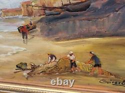 Tableau ancien signé. Scène Bord De Mer. Peinture huile sur panneau de bois