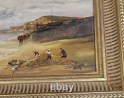 Tableau ancien signé. Scène Bord De Mer. Peinture huile sur panneau de bois