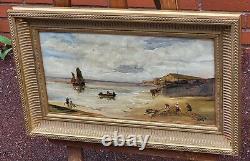 Tableau ancien signé. Scène Bord De Mer. Peinture huile sur panneau de bois