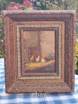 Tableau ancien signé. Scène de Basse Cour Poules Coq. Huile sur Panneau