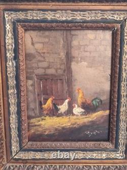Tableau ancien signé. Scène de Basse Cour Poules Coq. Huile sur Panneau