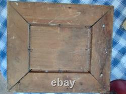 Tableau ancien signé. Scène de Basse Cour Poules Coq. Huile sur Panneau