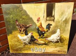 Tableau ancien signé. Scène de Basse Cour Poules Coq. Peinture huile sur toile