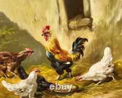Tableau ancien signé. Scène de Basse Cour Poules Coq. Peinture huile sur toile