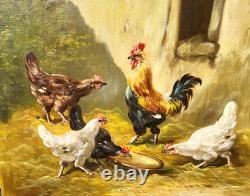 Tableau ancien signé. Scène de Basse Cour Poules Coq. Peinture huile sur toile