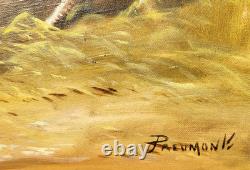 Tableau ancien signé. Scène de Basse Cour Poules Coq. Peinture huile sur toile