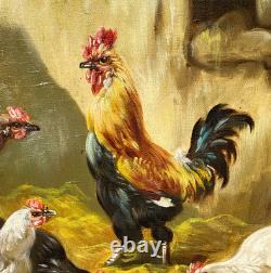 Tableau ancien signé. Scène de Basse Cour Poules Coq. Peinture huile sur toile