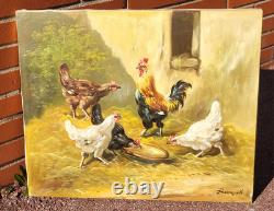 Tableau ancien signé. Scène de Basse Cour Poules Coq. Peinture huile sur toile