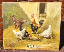 Tableau ancien signé. Scène de Basse Cour Poules Coq. Peinture huile sur toile