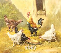 Tableau ancien signé. Scène de Basse Cour Poules Coq. Peinture huile sur toile