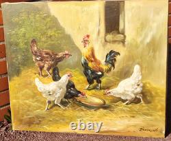 Tableau ancien signé. Scène de Basse Cour Poules Coq. Peinture huile sur toile