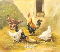 Tableau ancien signé. Scène de Basse Cour Poules Coq. Peinture huile sur toile