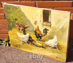 Tableau ancien signé. Scène de Basse Cour Poules Coq. Peinture huile sur toile