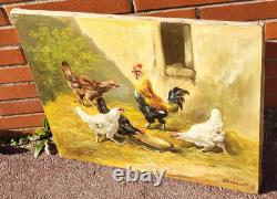 Tableau ancien signé. Scène de Basse Cour Poules Coq. Peinture huile sur toile
