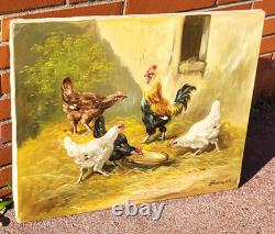 Tableau ancien signé. Scène de Basse Cour Poules Coq. Peinture huile sur toile