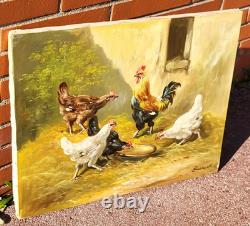 Tableau ancien signé. Scène de Basse Cour Poules Coq. Peinture huile sur toile
