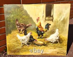 Tableau ancien signé. Scène de Basse Cour Poules Coq. Peinture huile sur toile