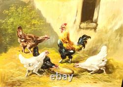 Tableau ancien signé. Scène de Basse Cour Poules Coq. Peinture huile sur toile