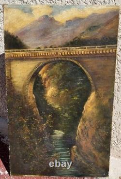 Tableau ancien signé. Un Pont en pierre. Peinture huile sur toile