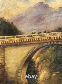 Tableau ancien signé. Un Pont en pierre. Peinture huile sur toile