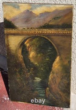 Tableau ancien signé. Un Pont en pierre. Peinture huile sur toile