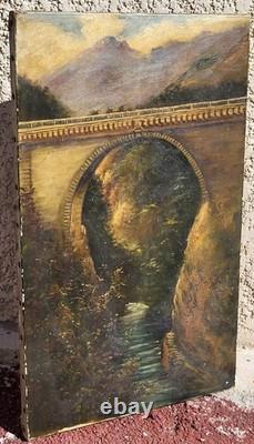 Tableau ancien signé. Un Pont en pierre. Peinture huile sur toile