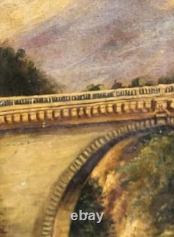 Tableau ancien signé. Un Pont en pierre. Peinture huile sur toile