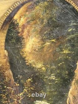 Tableau ancien signé. Un Pont en pierre. Peinture huile sur toile
