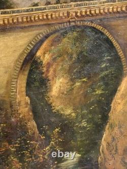 Tableau ancien signé. Un Pont en pierre. Peinture huile sur toile