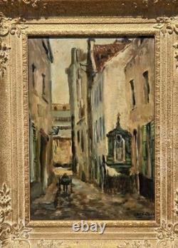 Tableau ancien signé Vue Ruelle Étroite Animèe. Peinture huile sur toile