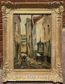 Tableau ancien signé Vue Ruelle Étroite Animèe. Peinture huile sur toile