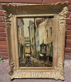 Tableau ancien signé Vue Ruelle Étroite Animèe. Peinture huile sur toile