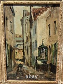 Tableau ancien signé Vue Ruelle Étroite Animèe. Peinture huile sur toile