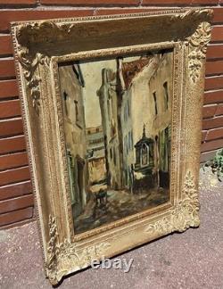 Tableau ancien signé Vue Ruelle Étroite Animèe. Peinture huile sur toile