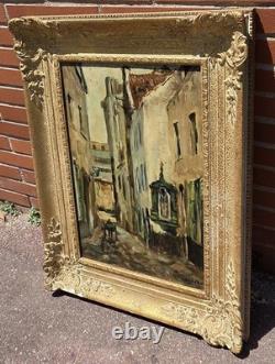 Tableau ancien signé Vue Ruelle Étroite Animèe. Peinture huile sur toile
