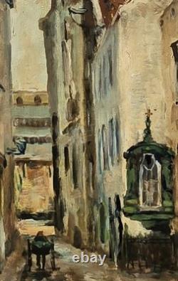 Tableau ancien signé Vue Ruelle Étroite Animèe. Peinture huile sur toile
