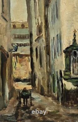 Tableau ancien signé Vue Ruelle Étroite Animèe. Peinture huile sur toile