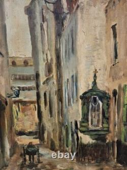 Tableau ancien signé Vue Ruelle Étroite Animèe. Peinture huile sur toile