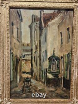 Tableau ancien signé Vue Ruelle Étroite Animèe. Peinture huile sur toile