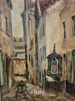 Tableau ancien signé Vue Ruelle Étroite Animèe. Peinture huile sur toile